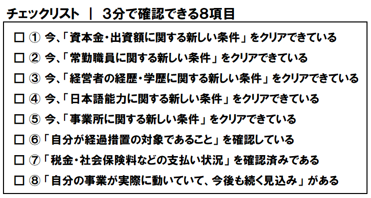経営管理ビザ更新の条件を確認する8項目チェックリスト
